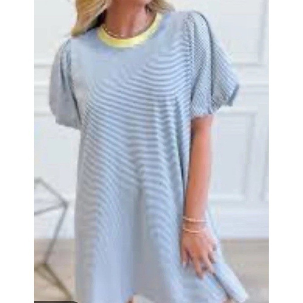 Wishlist Sweatshirt Mini Dress Light Blue Stripe Butter Yellow Puff Sleeve M